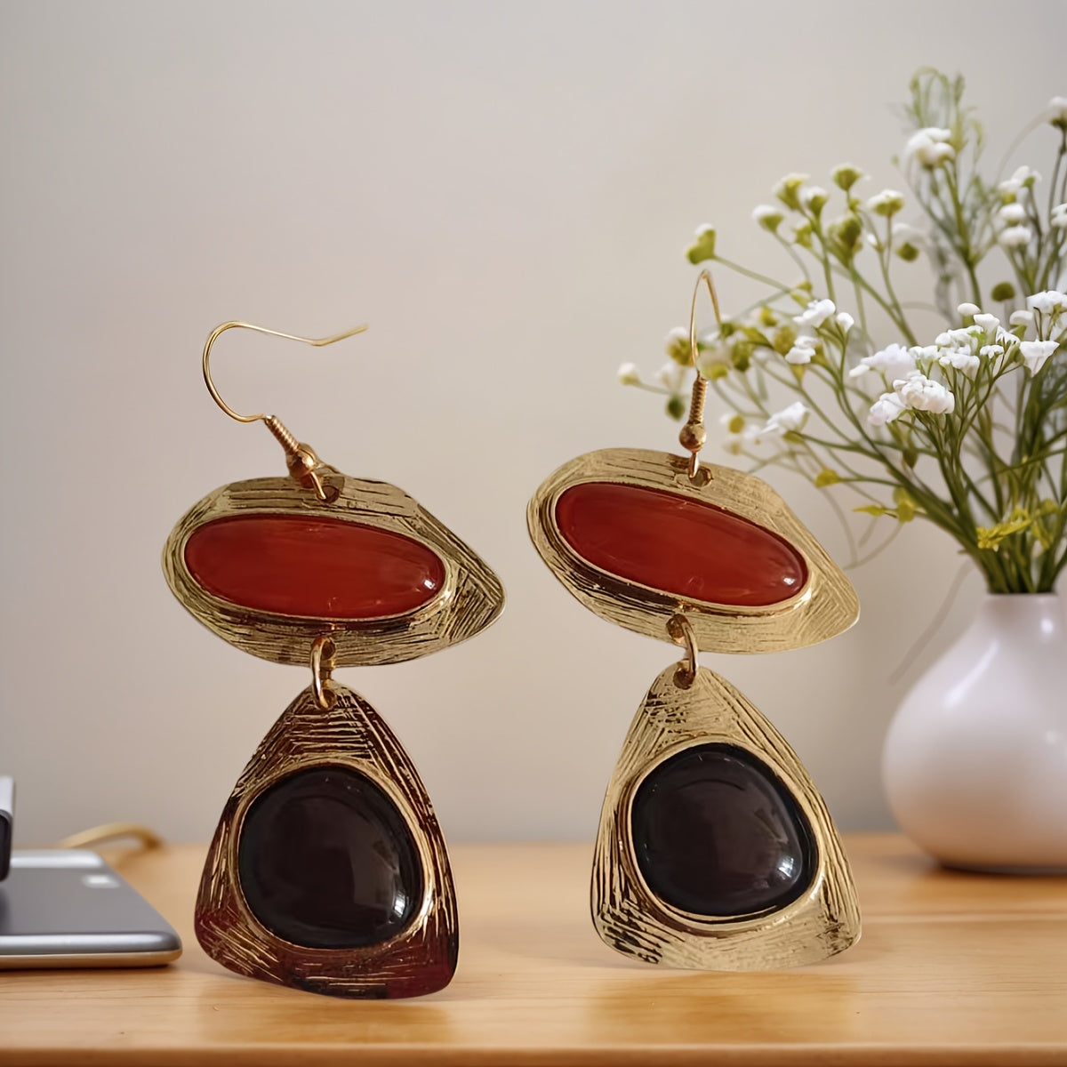 Vintage Red & Black Resin Gold Plated Drop Earrings