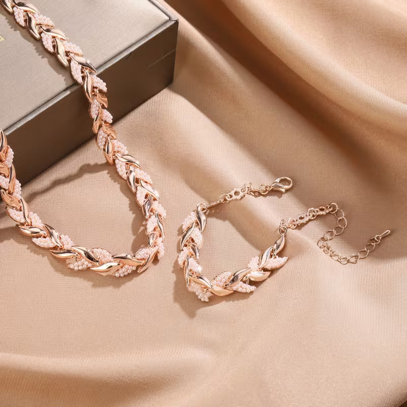 Rose Gold Leaf Chain Necklace & Bracelet Set