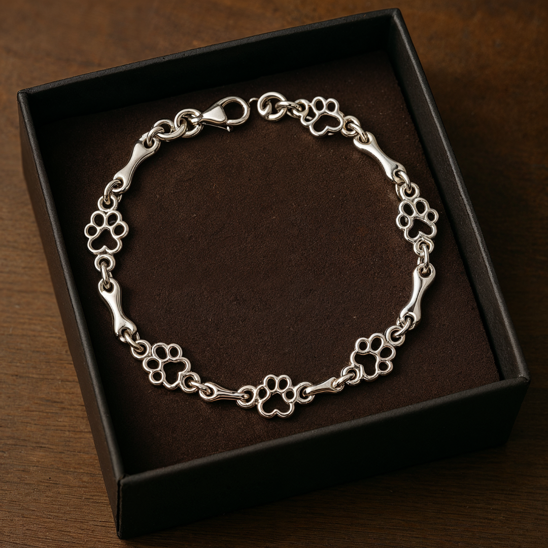 Bracelet with dog paw and bone pendants in silver
