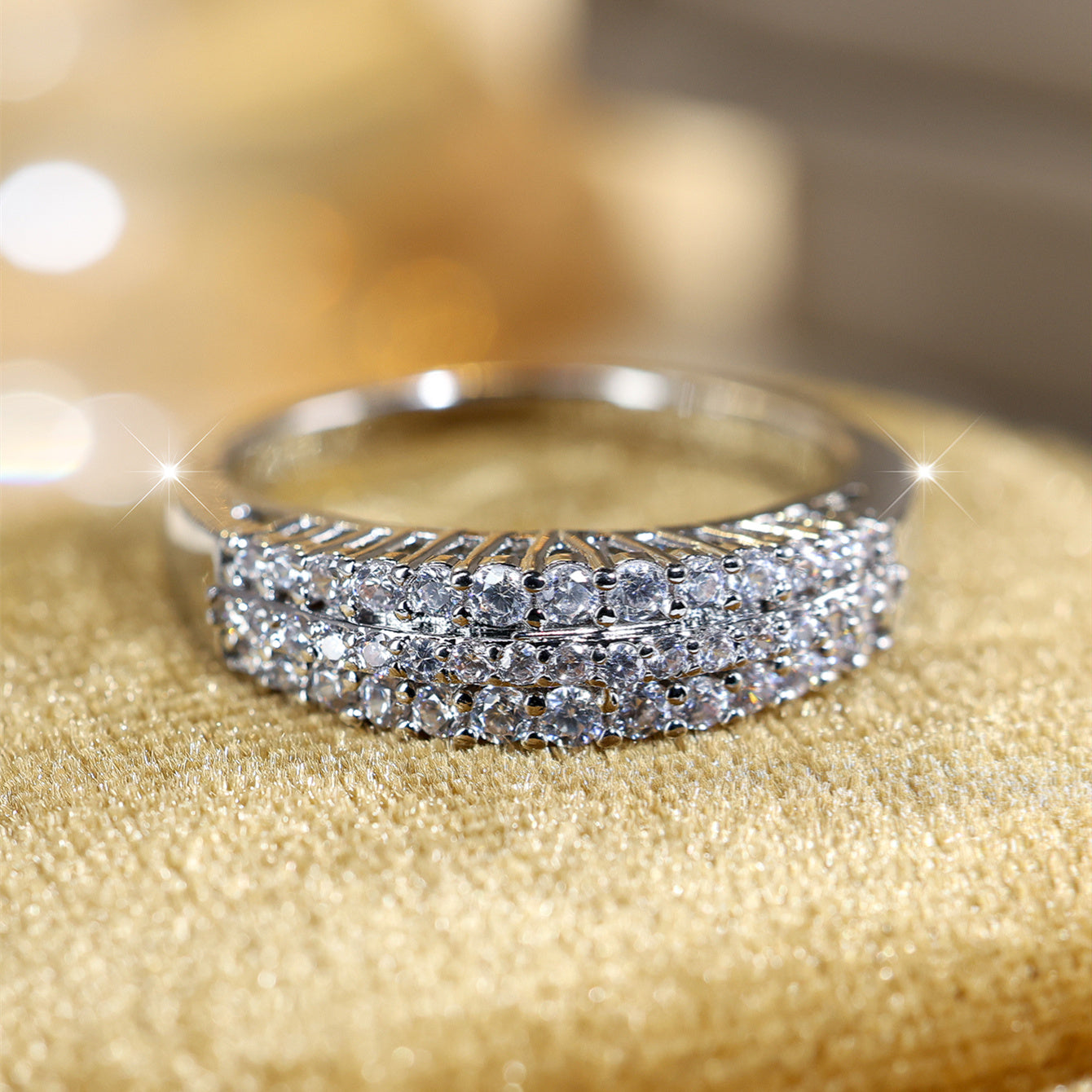 Elegant Three Row Zirconia Silver Plated Ring