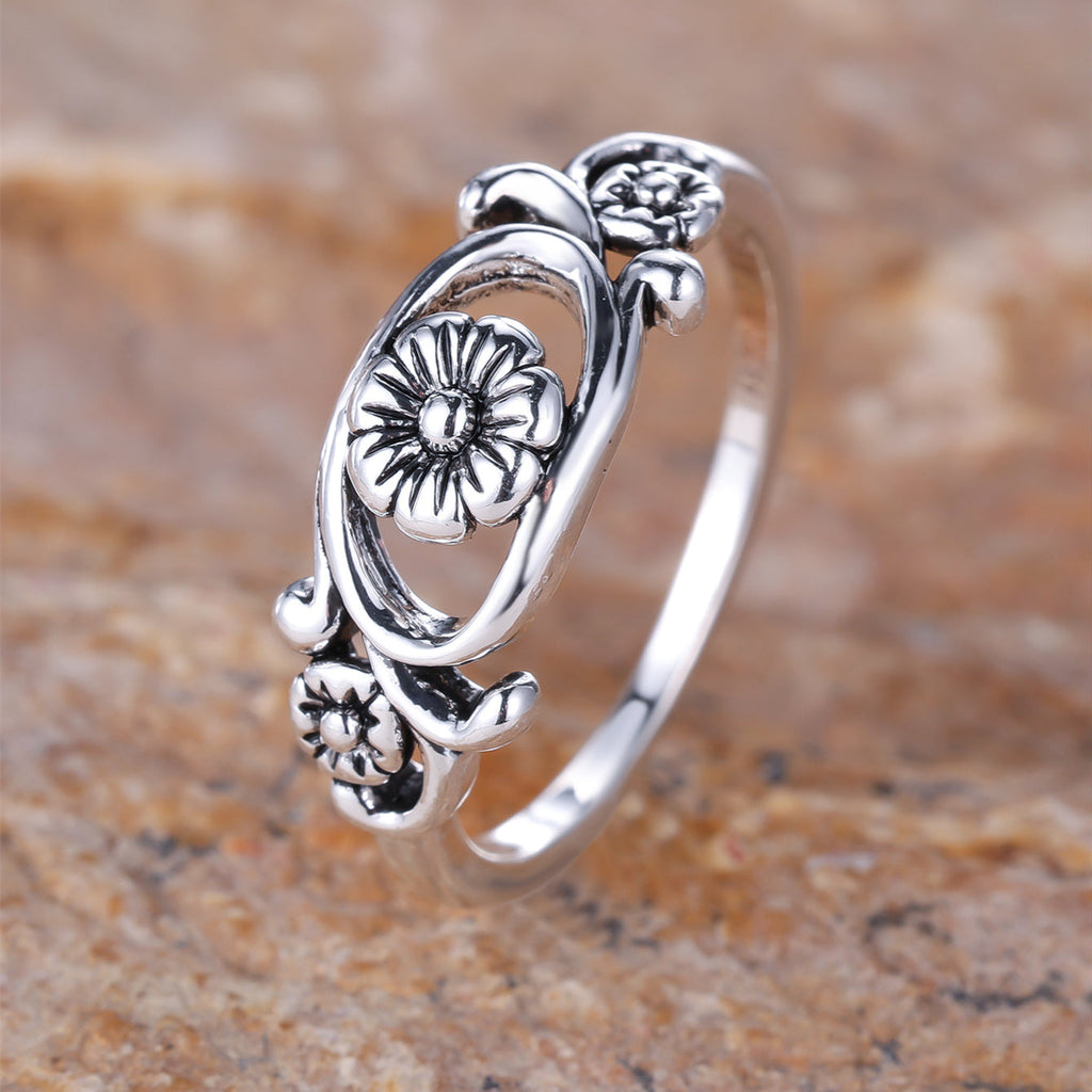 Vintage Bohemian Design Silver Plated Flower Ring
