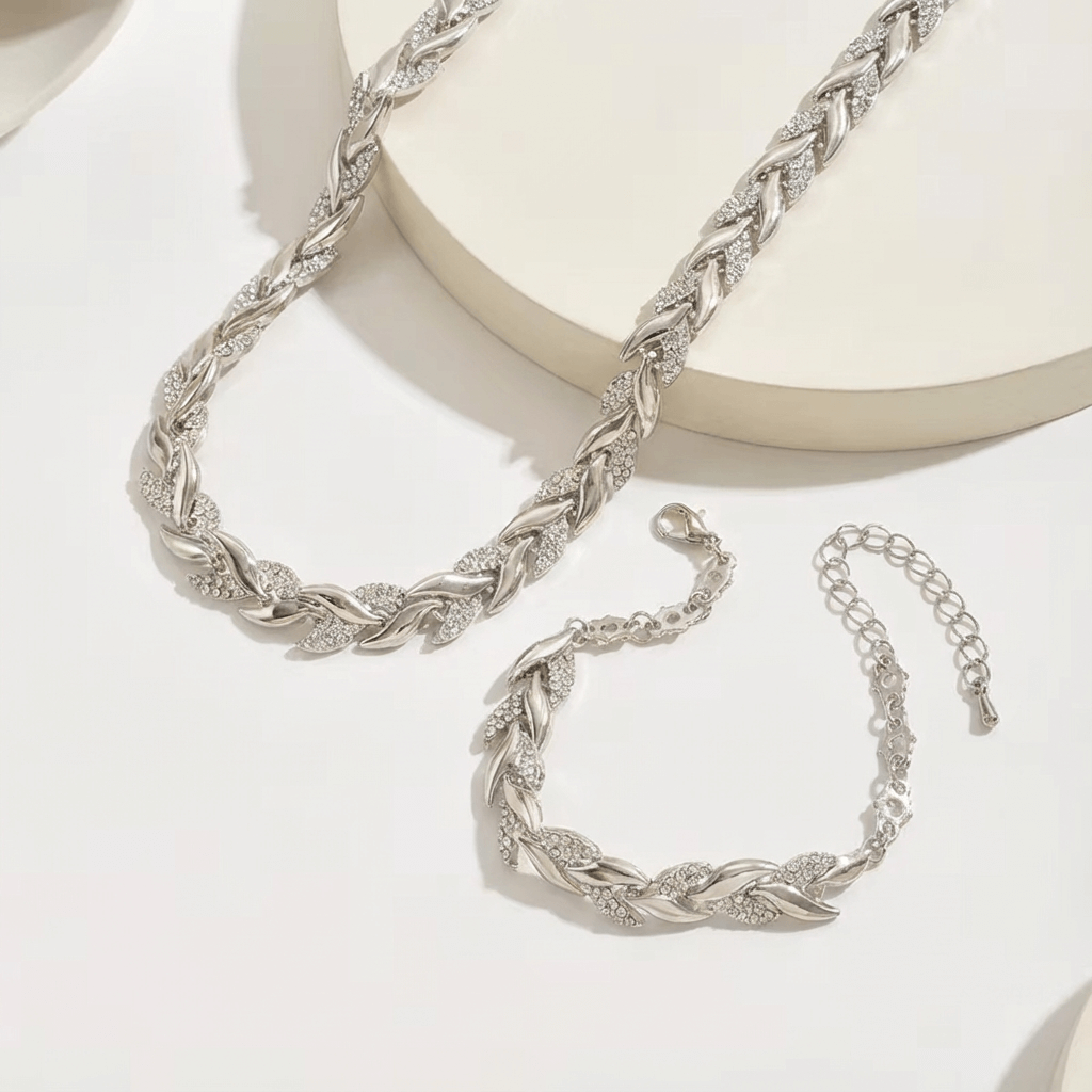 Silver Leaf Chain Necklace & Bracelet Set