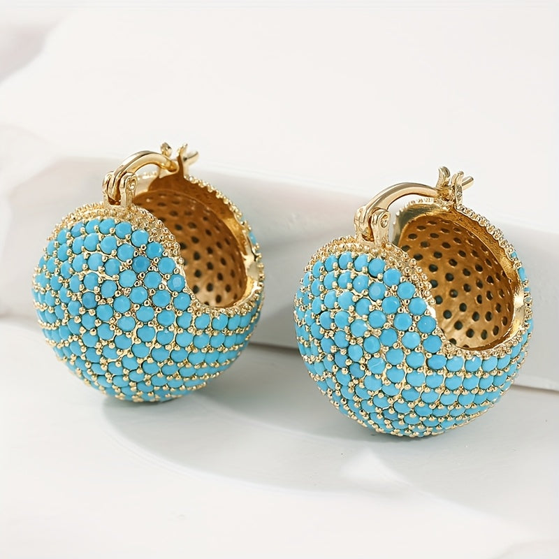 Classic Retro Style Gold Turquoise Dome Hoop Earrings
