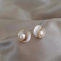 Gold Pearl and White Enamel Stud Earrings