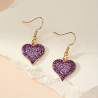 Elegant Purple Glitter Heart Dangle Earrings