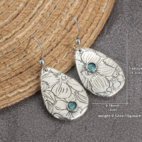 Retro Carved Flowers Drop Shape Turquoise Gemstone Hook Earrings