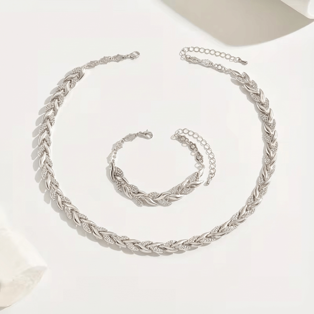 Silver Leaf Chain Necklace & Bracelet Set