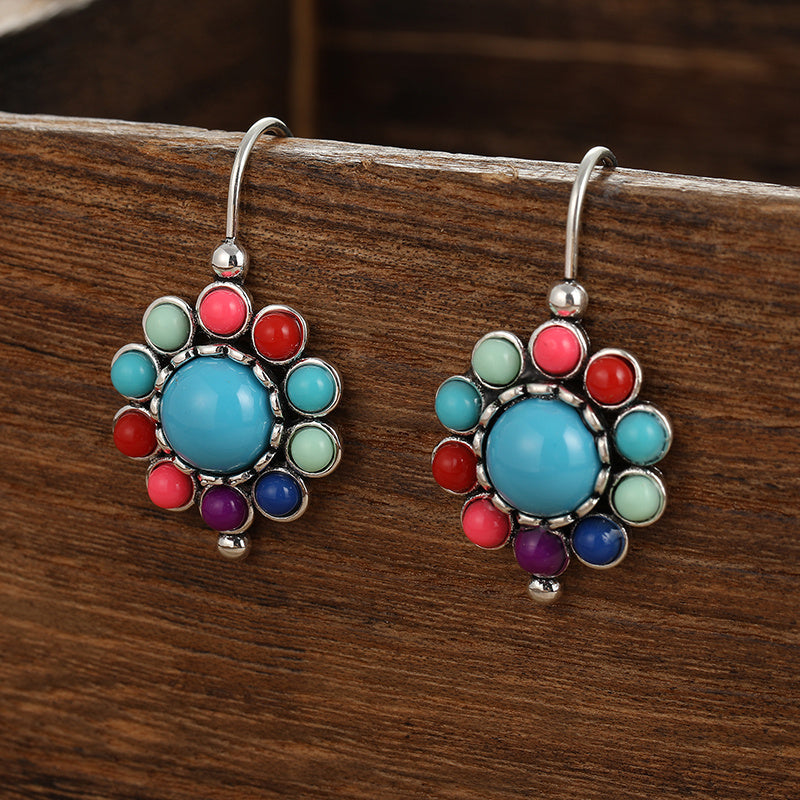 Colorful Turquoise & Coral Floral Dangle Earrings