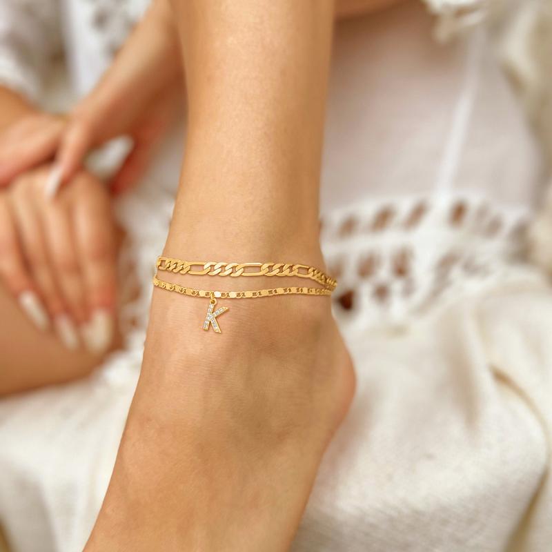 2 Piece Diamond Initial Anklet Set