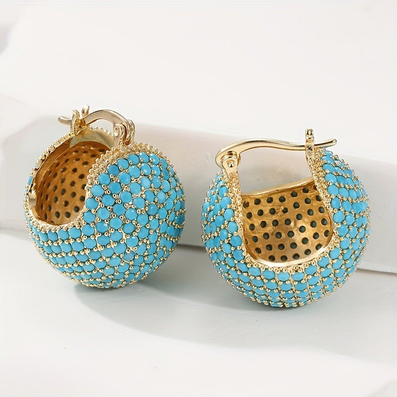 Classic Retro Style Gold Turquoise Dome Hoop Earrings