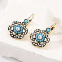 Floral Turquoise & Pearl Gold Plated Leverback Earrings