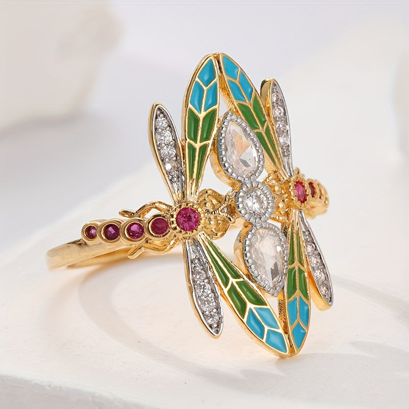 Bohemian Art Nouveau Dragon Fly Zirconia Gold Plated Ring