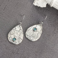 Retro Carved Flowers Drop Shape Turquoise Gemstone Hook Earrings