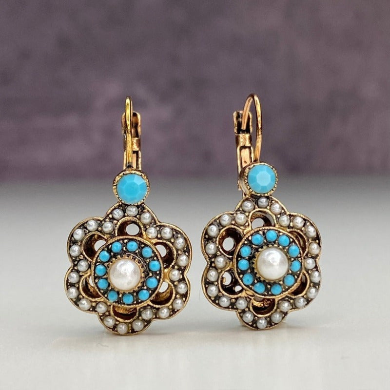 Floral Turquoise & Pearl Gold Plated Leverback Earrings