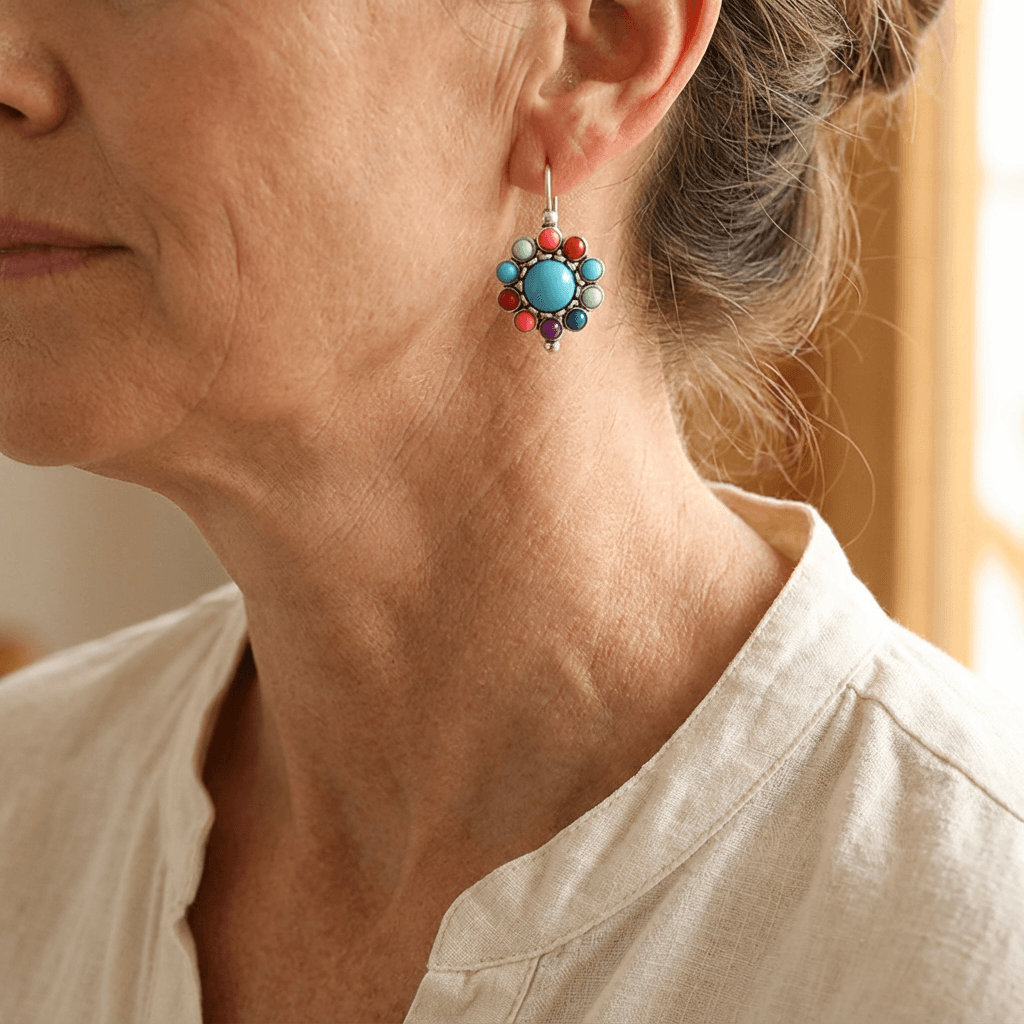 Colorful Turquoise & Coral Floral Dangle Earrings