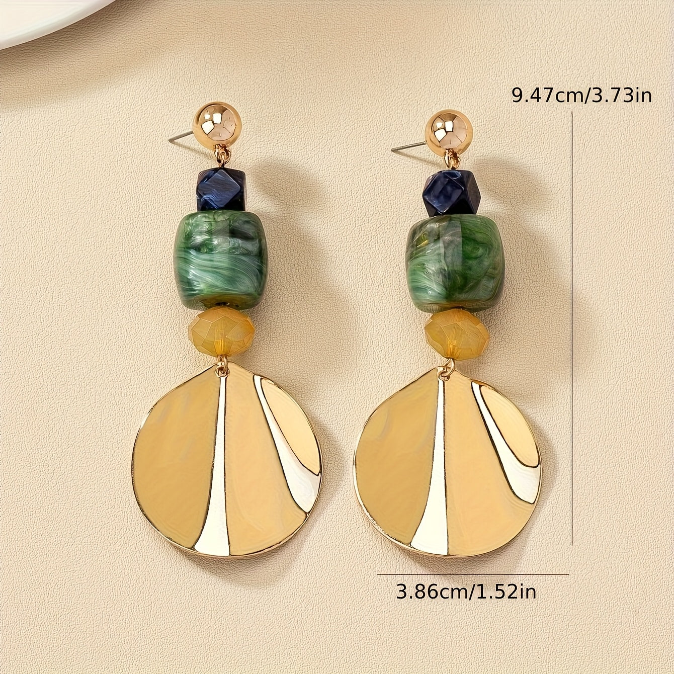 Gold Shell Disc & Green Stone Statement Drop Earrings