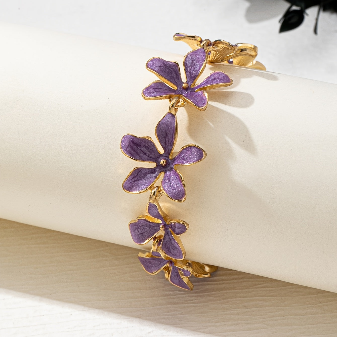 Vintage Style Purple Enamel Flowers Gold Plated Bracelet