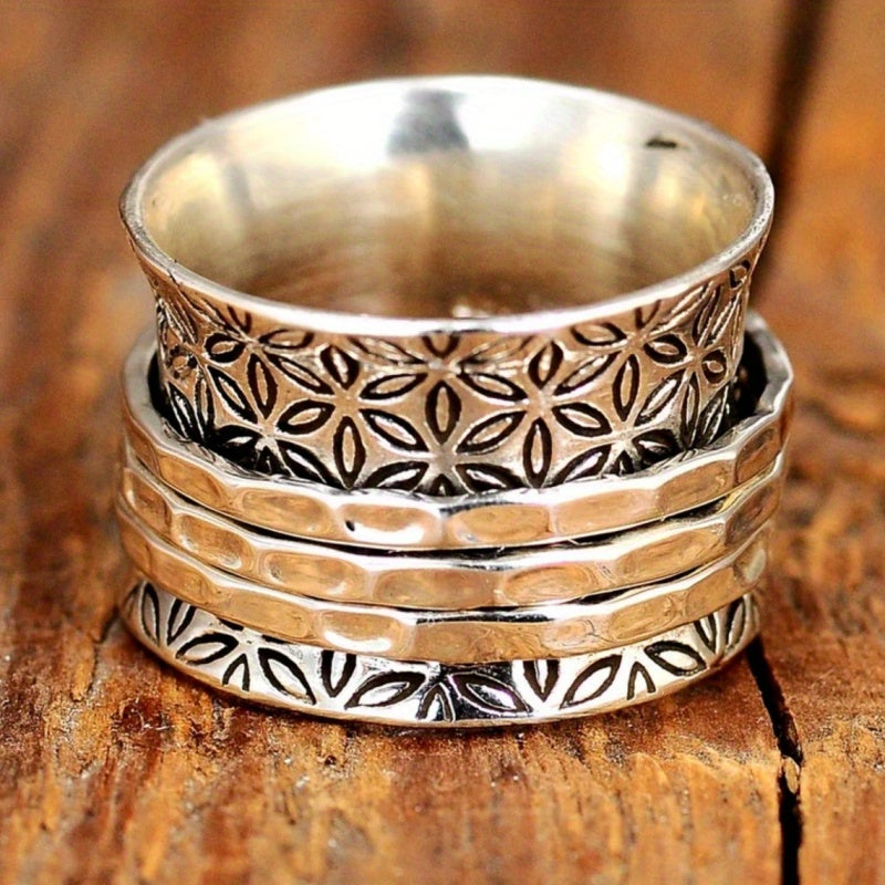 Vintage Boho Floral Wide Silver Plated Ring
