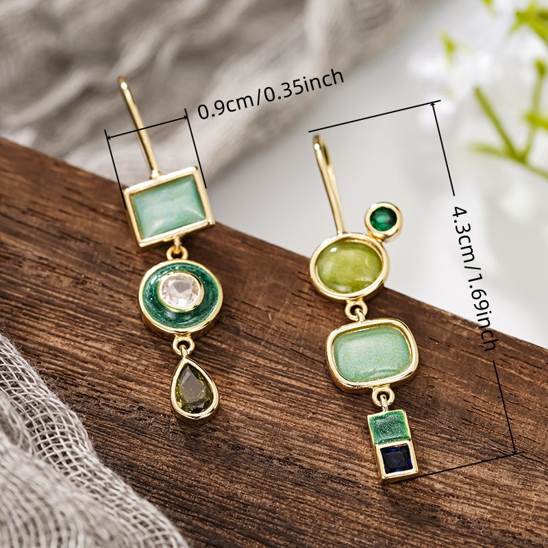 Vintage Geometric Green Stone Gold Drop Earrings
