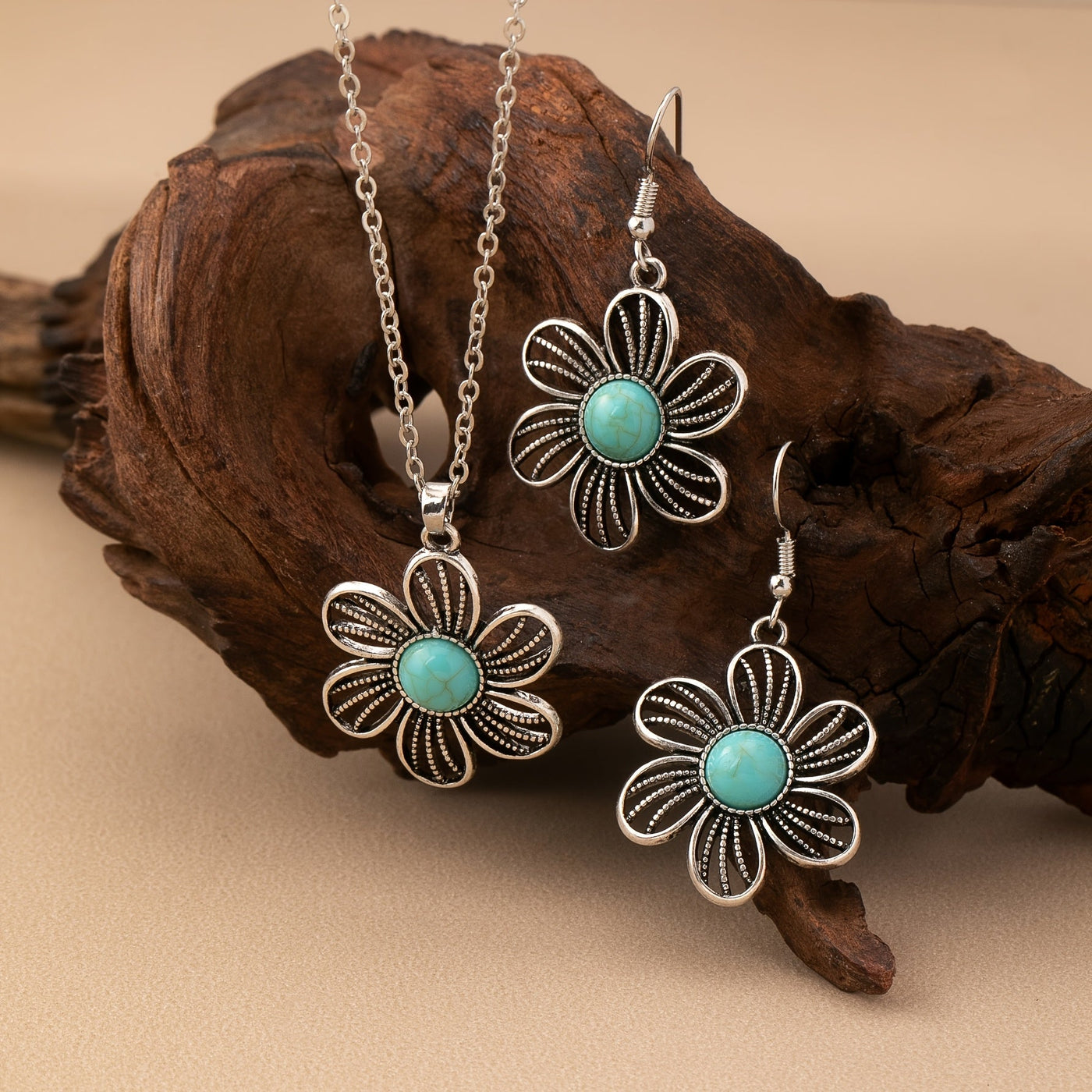 Vintage Boho Turquoise Flower Earrings Necklace Jewelry Set