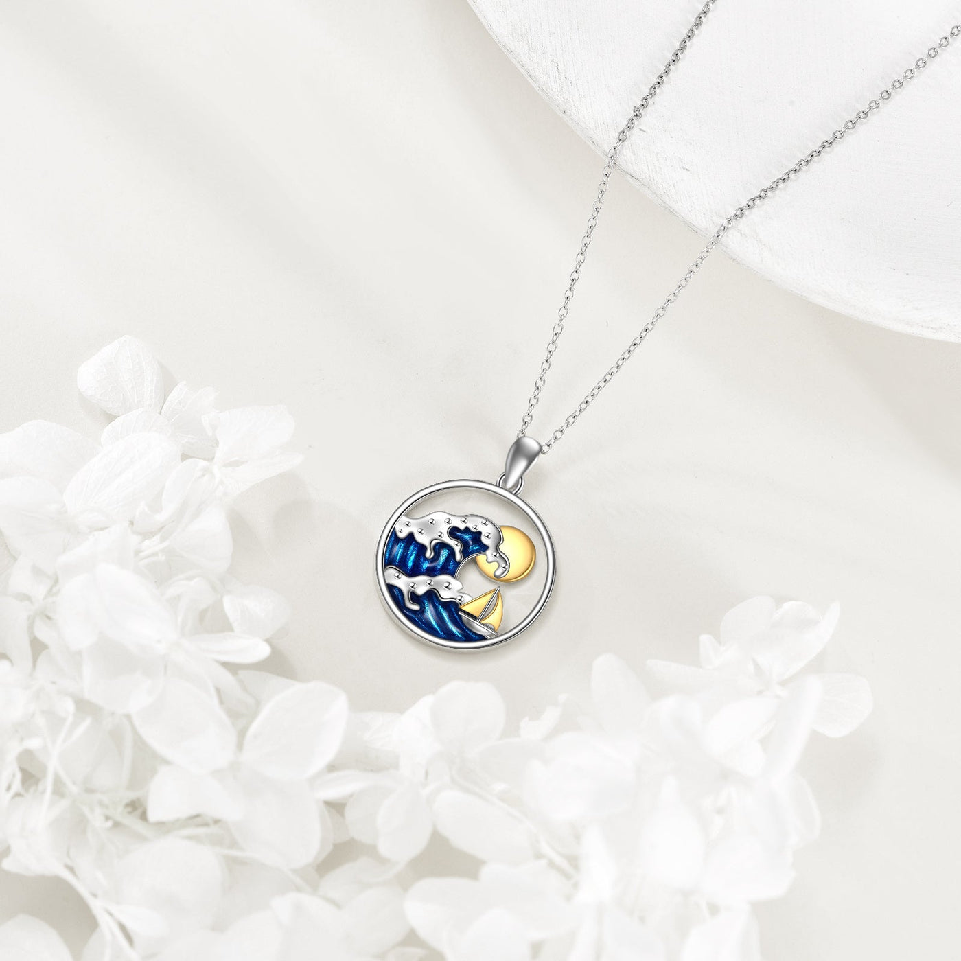 Ocean Wave Sun & Sailboat Pendant Necklace