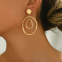 Boho Style Hammered Gold Double-Hoop Drop Earrings