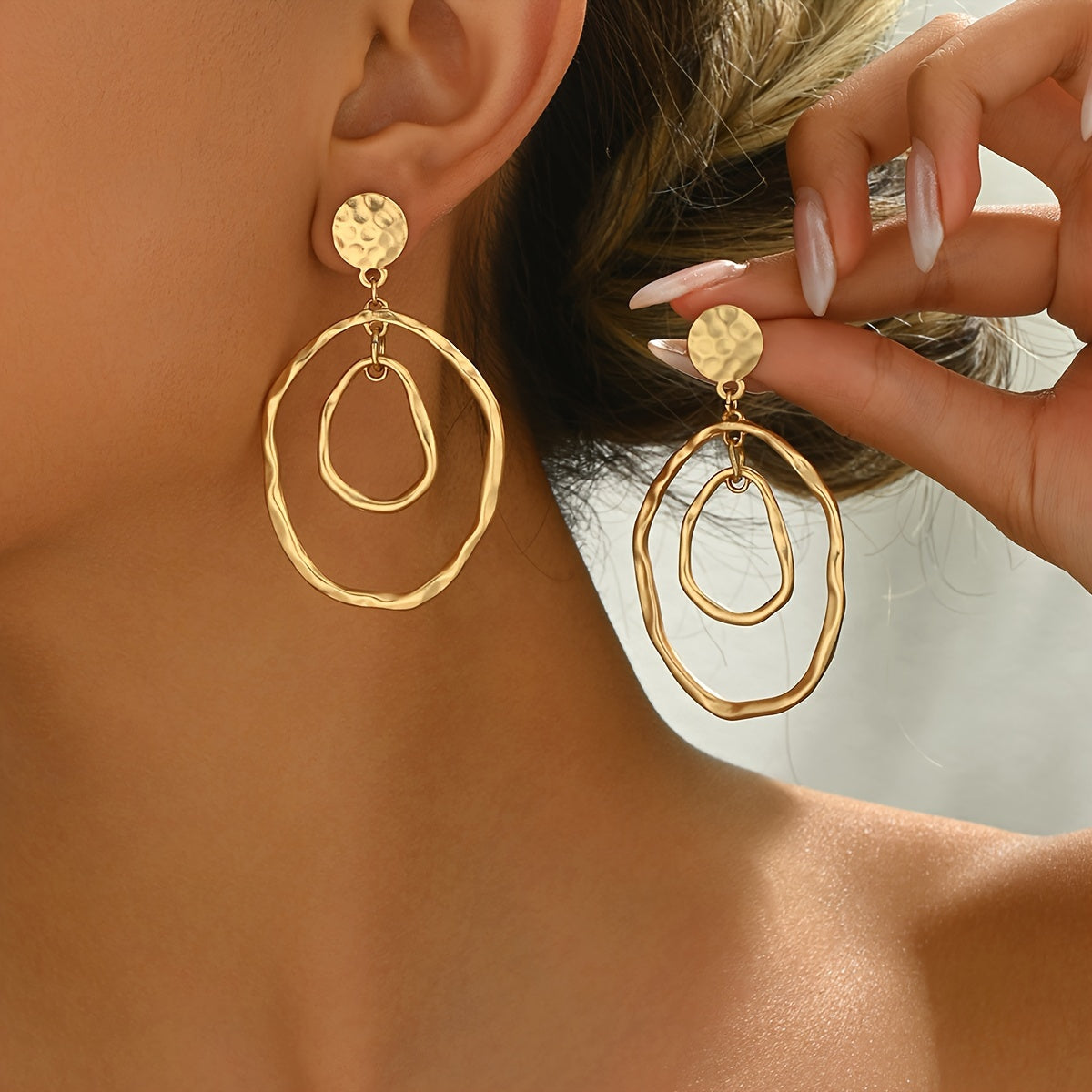 Boho Style Hammered Gold Double-Hoop Drop Earrings