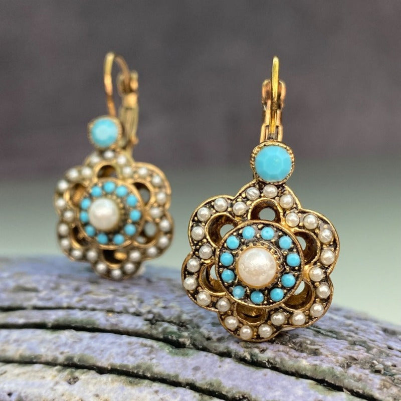 Floral Turquoise & Pearl Gold Plated Leverback Earrings