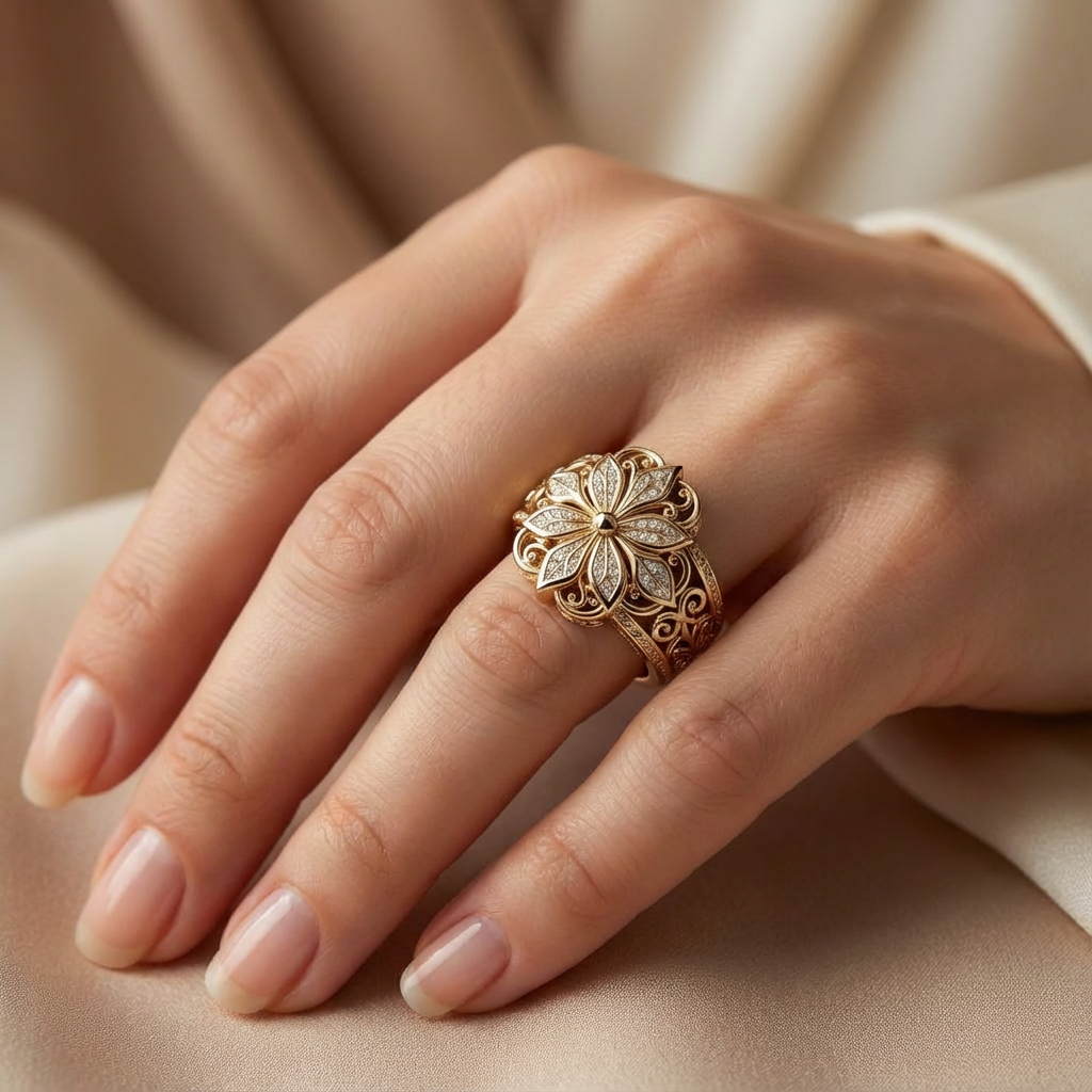 Exotic Floral Zirconia Gold Ring