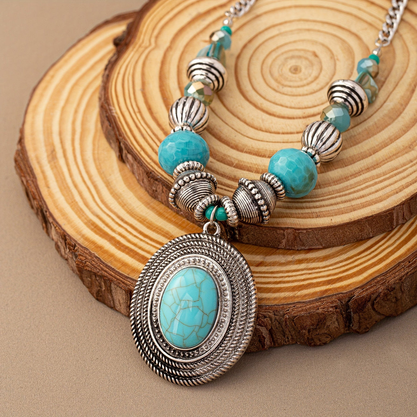 Bohemian Oval Turquoise Beaded Pendant Necklace