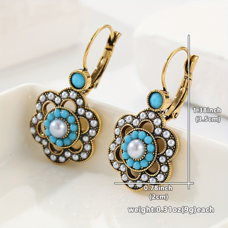 Floral Turquoise & Pearl Gold Plated Leverback Earrings