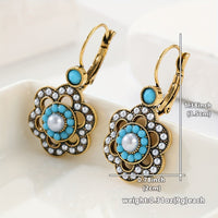 Floral Turquoise & Pearl Gold Plated Leverback Earrings