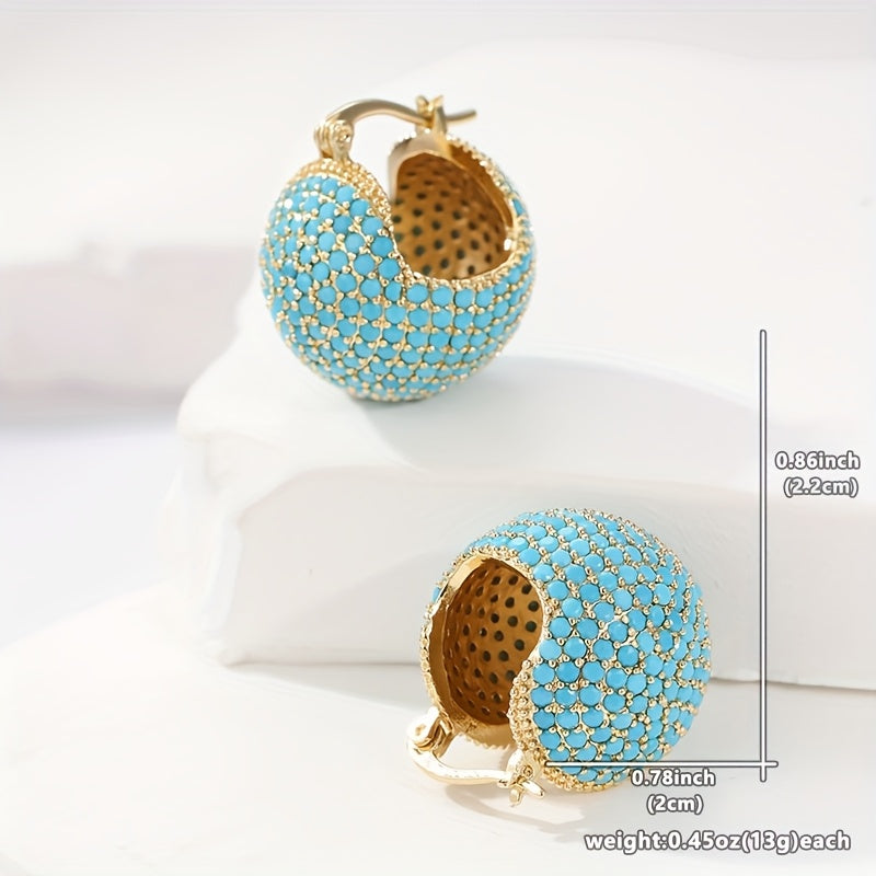 Classic Retro Style Gold Turquoise Dome Hoop Earrings
