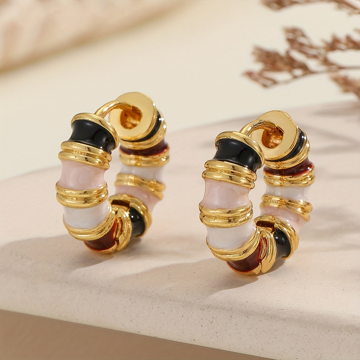 Vintage Enamel Huggie Hoop Earrings with Gold Accents