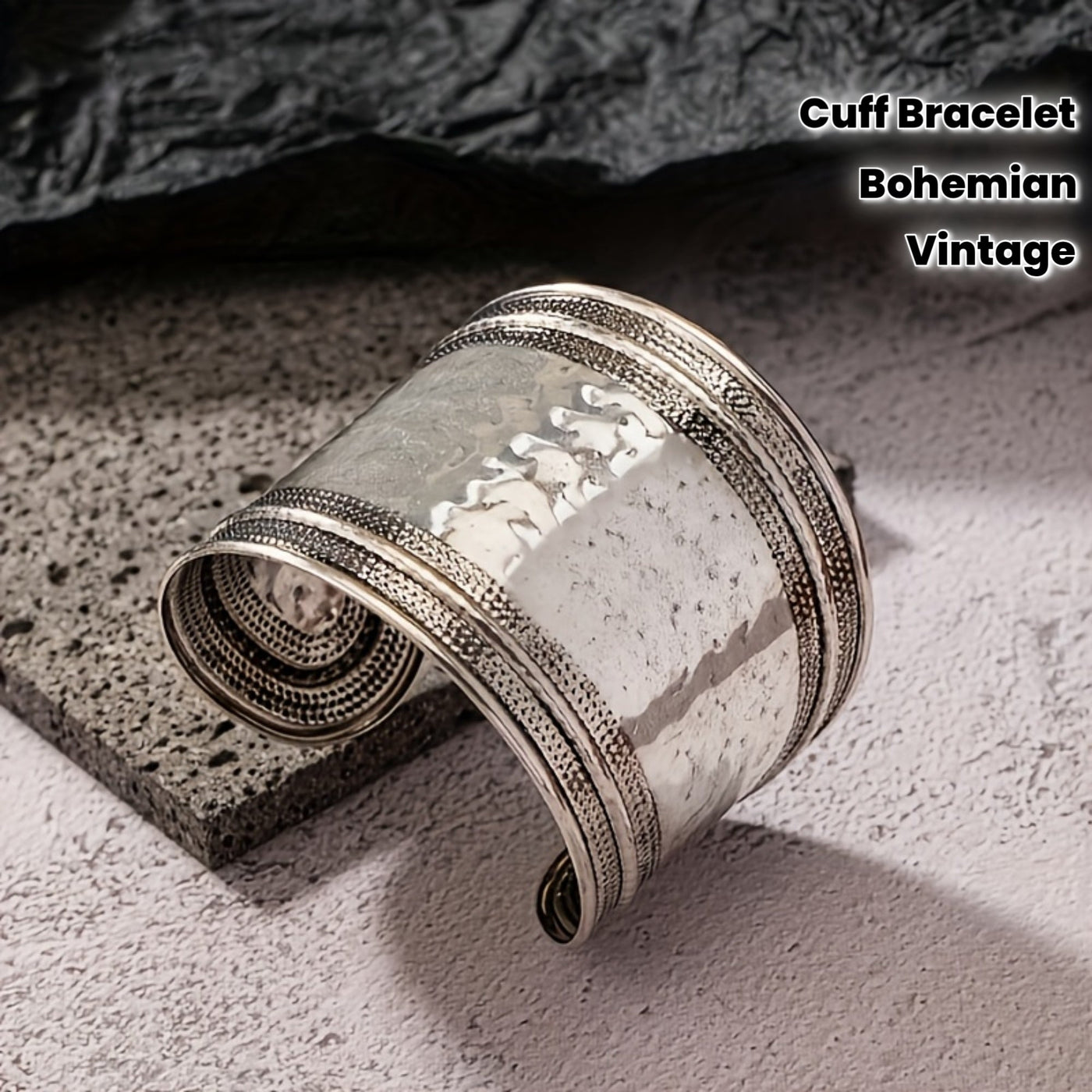 Vintage Boho Hammered Silver Plated Wide Cuff Bracelet