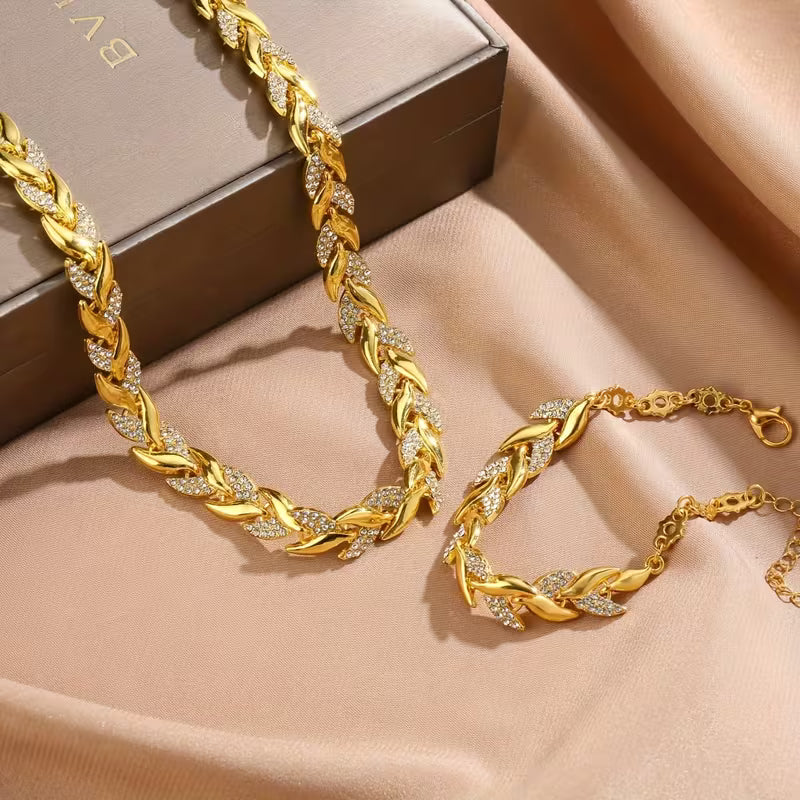 Gold Leaf Chain Necklace & Bracelet Set