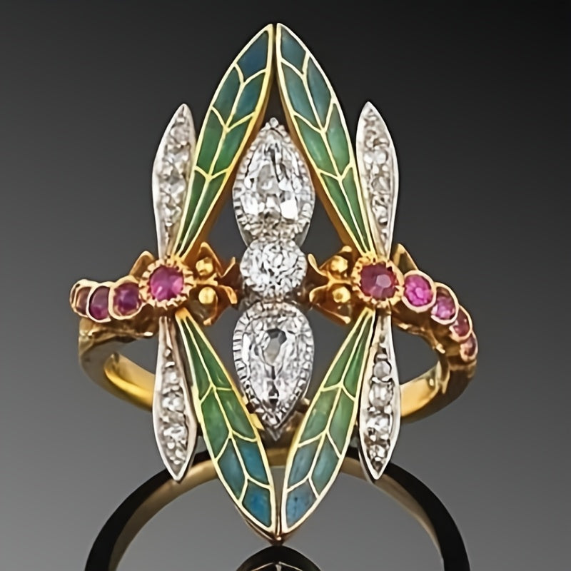 Bohemian Art Nouveau Dragon Fly Zirconia Gold Plated Ring