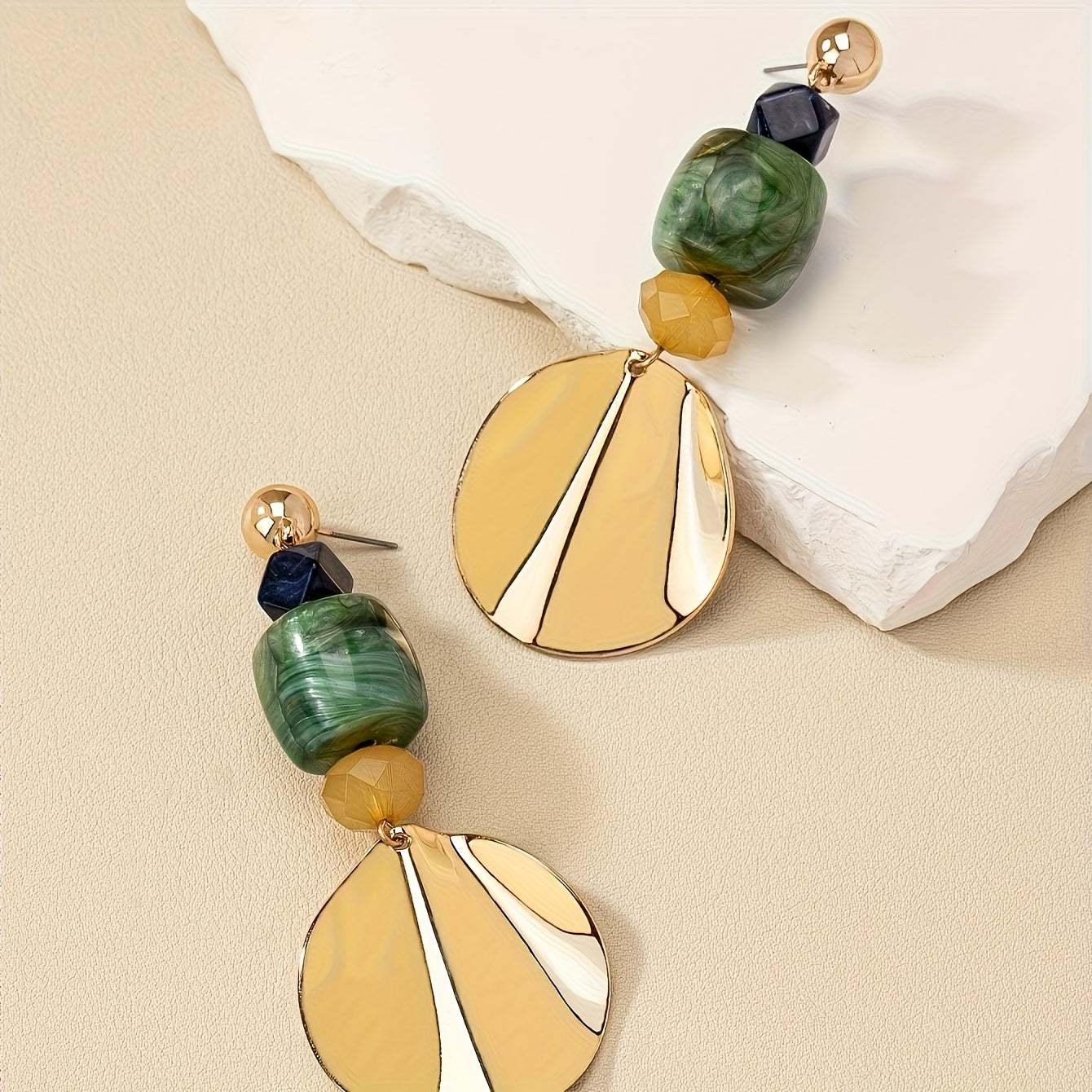 Gold Shell Disc & Green Stone Statement Drop Earrings