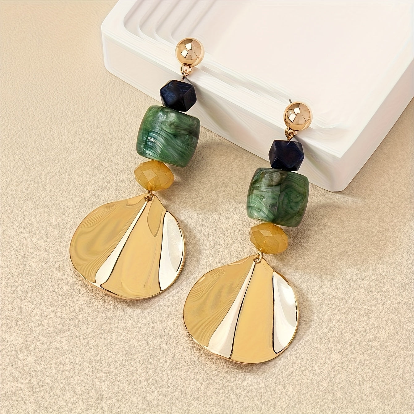 Gold Shell Disc & Green Stone Statement Drop Earrings