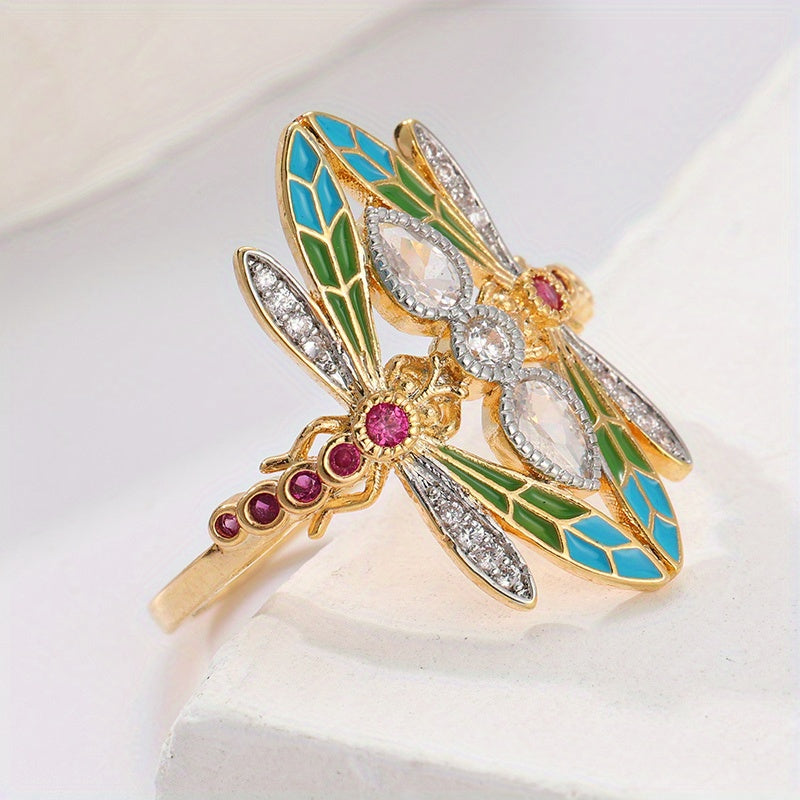 Bohemian Art Nouveau Dragon Fly Zirconia Gold Plated Ring