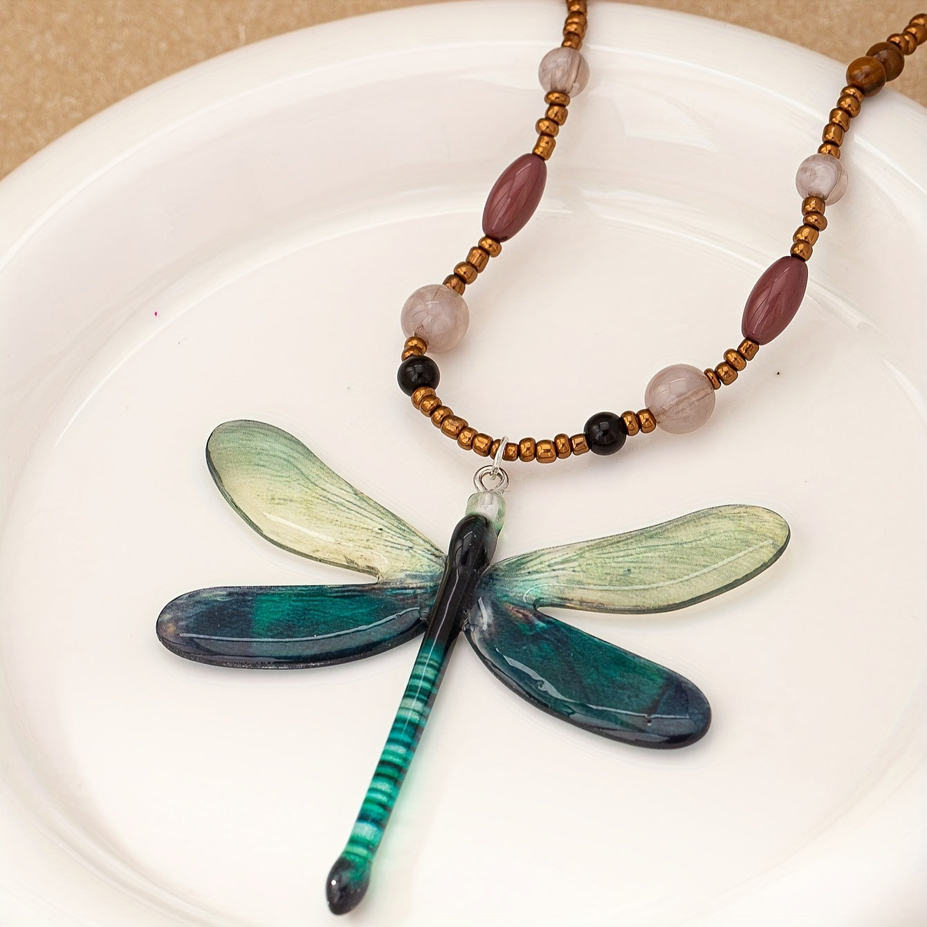 Bohemian Multicolored Beads Dragonfly Necklace