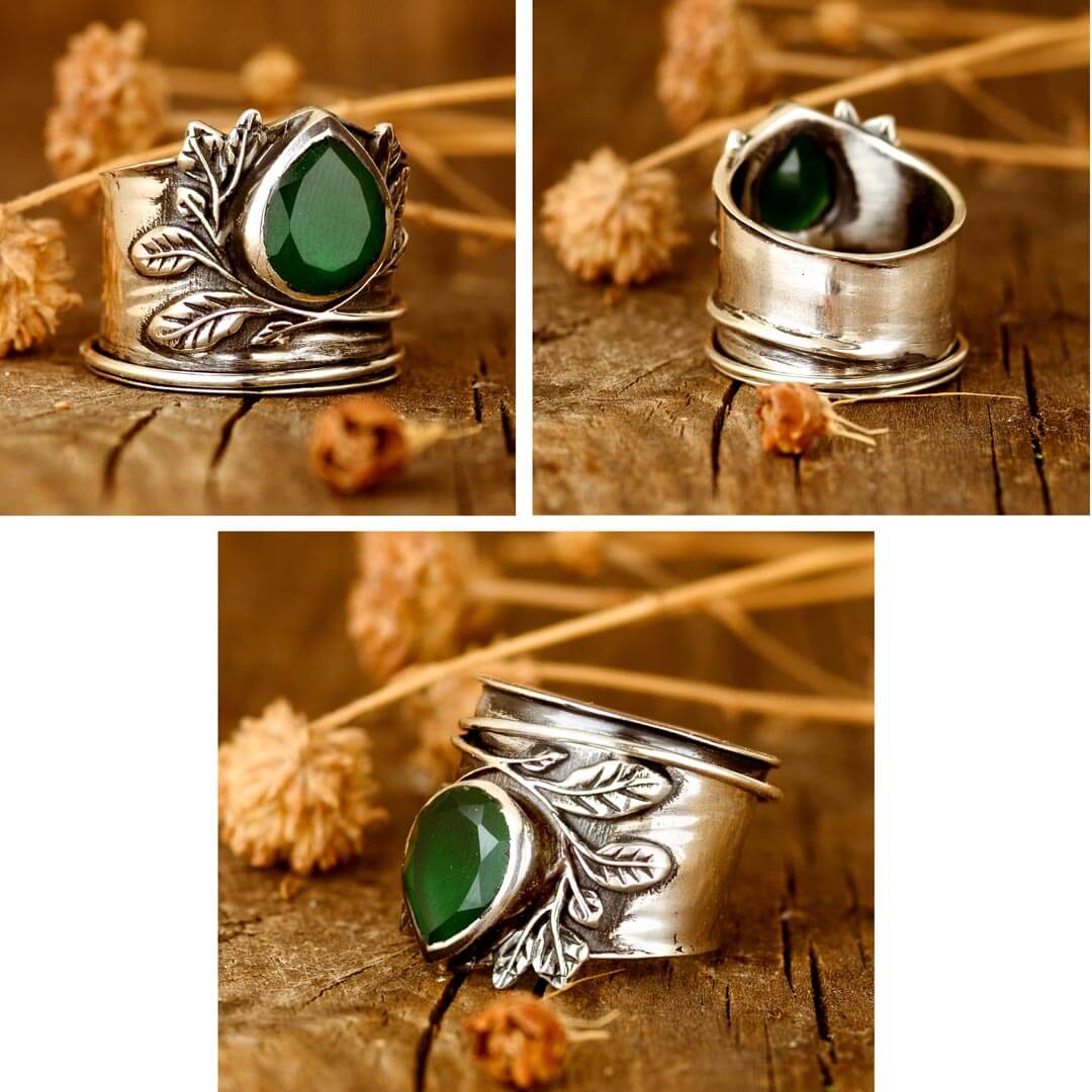 Elegant Green Onyx Leaf Silver Fidget Ring