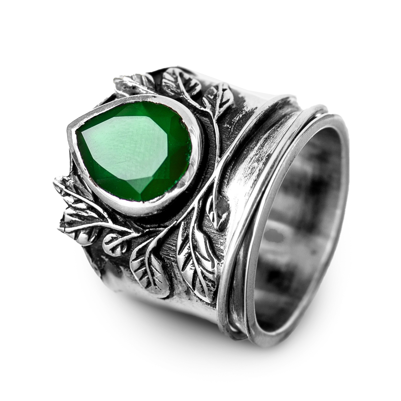 Elegant Green Onyx Leaf Silver Fidget Ring