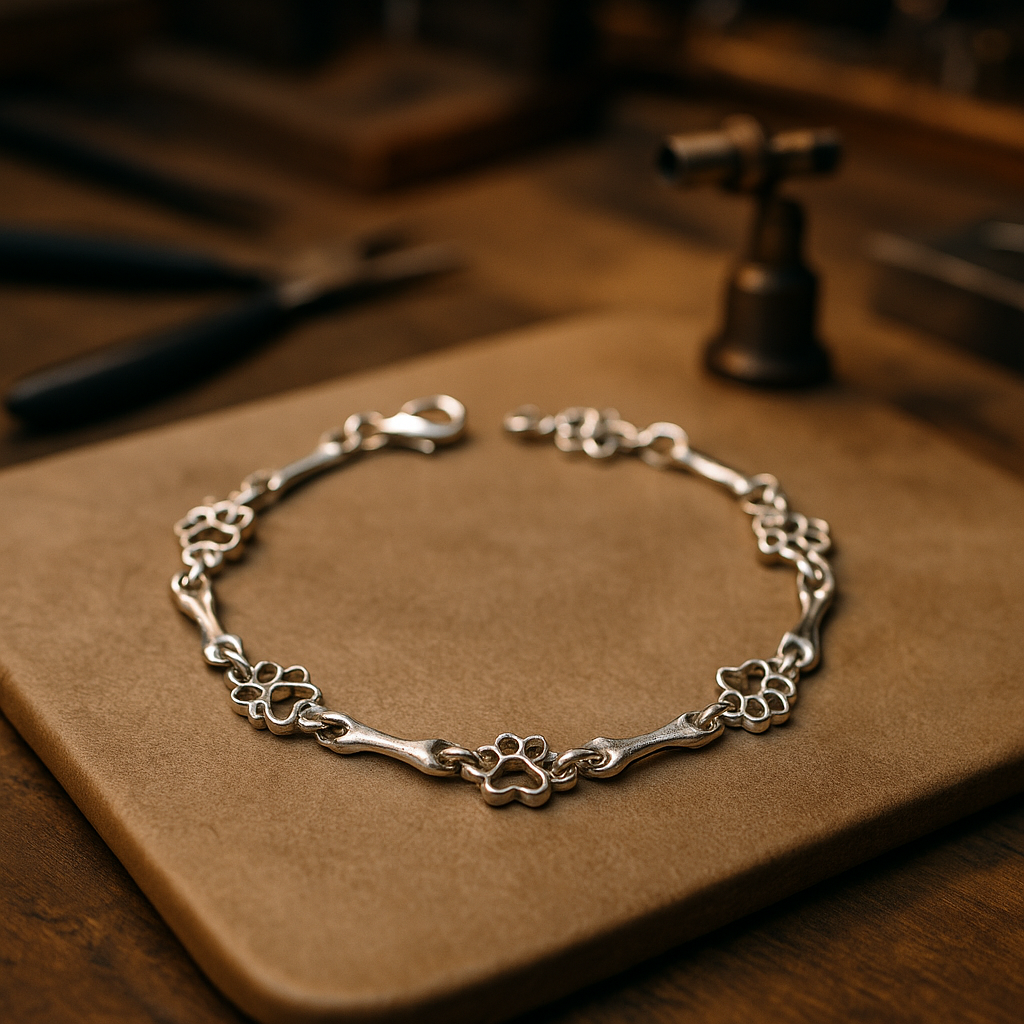 Bracelet with dog paw and bone pendants in silver