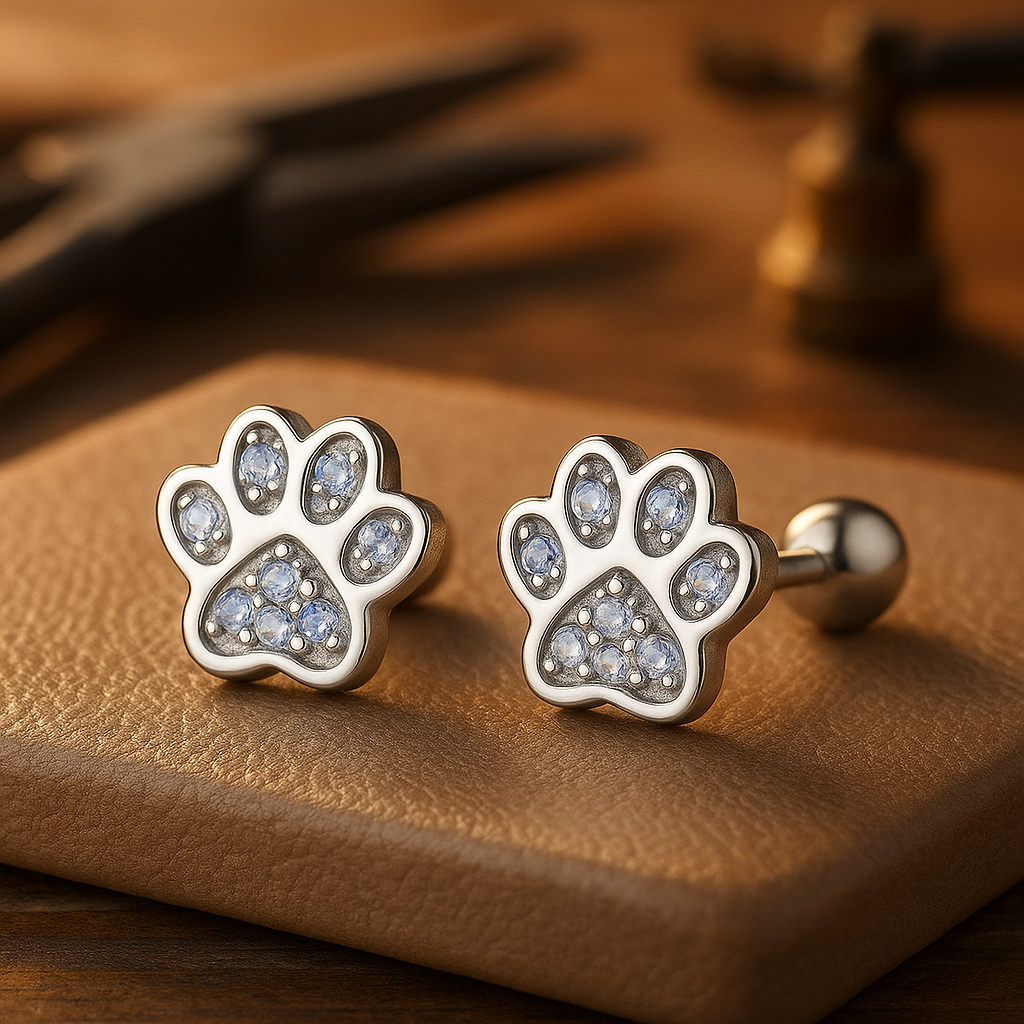silver paw print button earrings