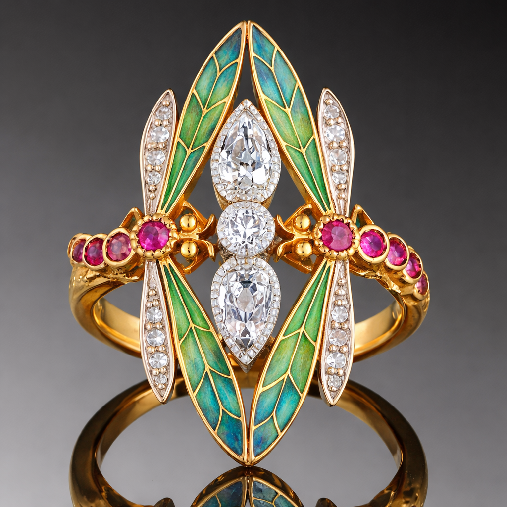 Bohemian Art Nouveau Dragon Fly Zirconia Gold Plated Ring