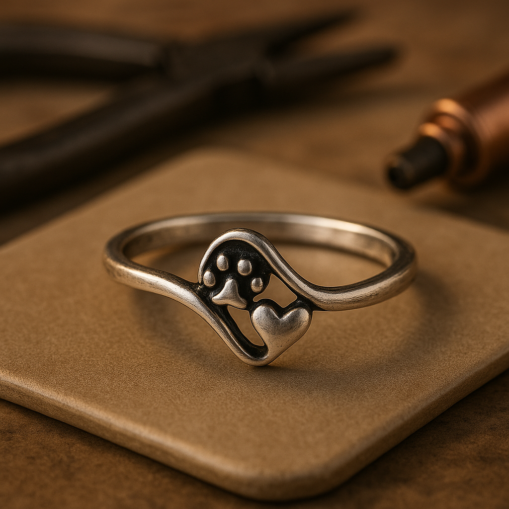 Vintage silver ring with paw print and heart motif