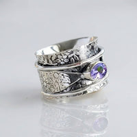 Elegant Purple Quartz Flowers and Butterfly Spinner Ring