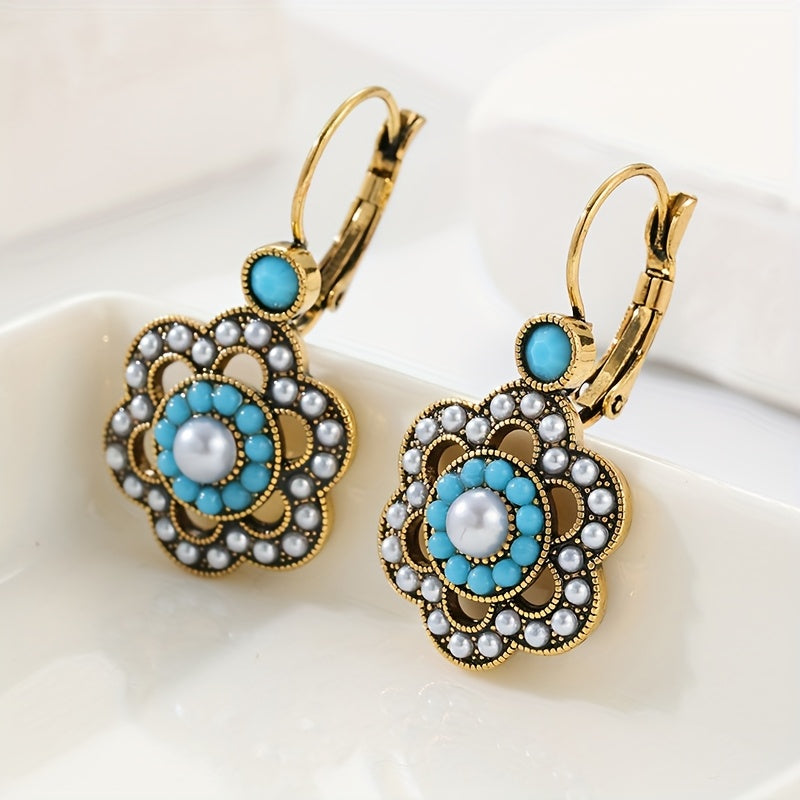 Floral Turquoise & Pearl Gold Plated Leverback Earrings