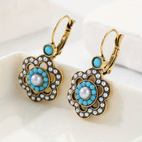 Floral Turquoise & Pearl Gold Plated Leverback Earrings